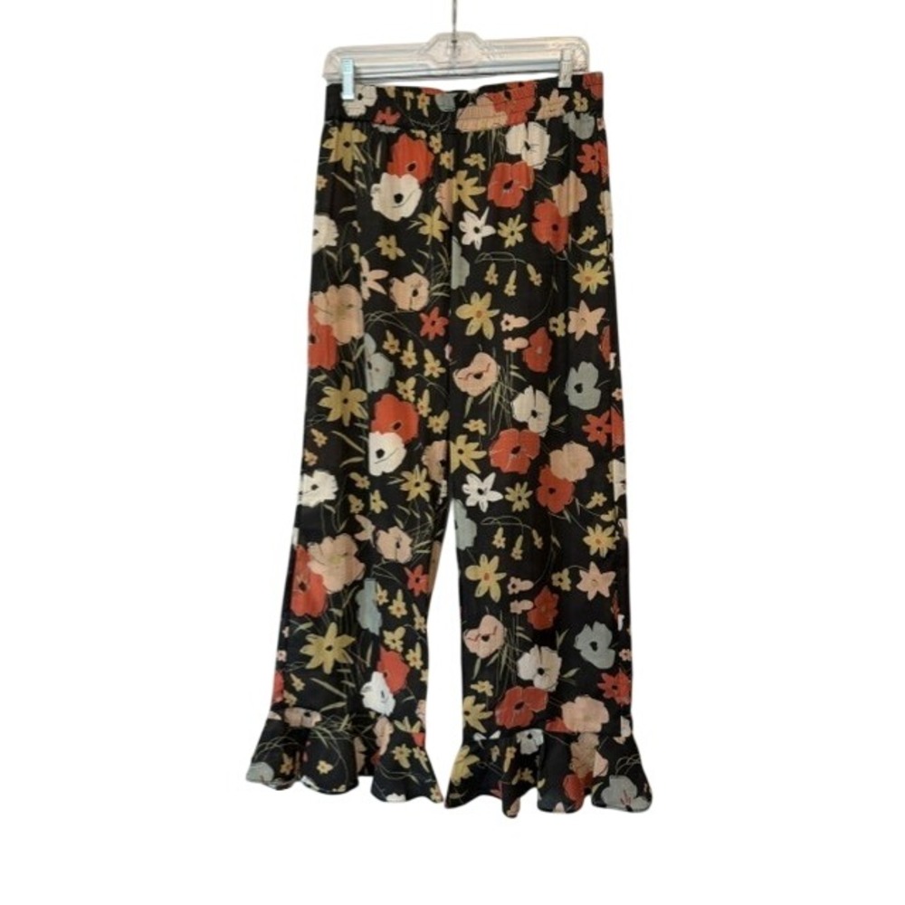 Warm Womens Floral Wide Leg Ruffle Hem Pants Black Orange Cotton Boho Size 1 S